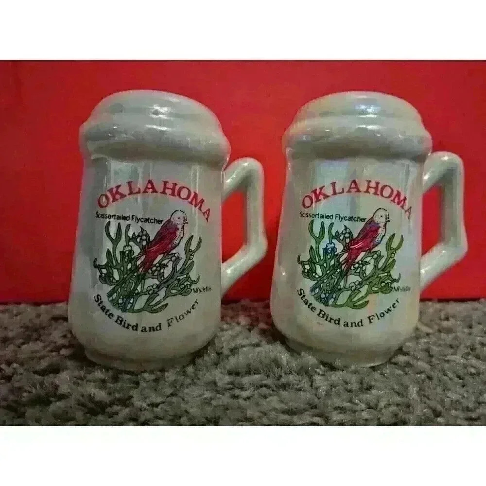 Vintage Souvenir Oklahoma State Bird & Flower Salt & Pepper Shakers White Pearl